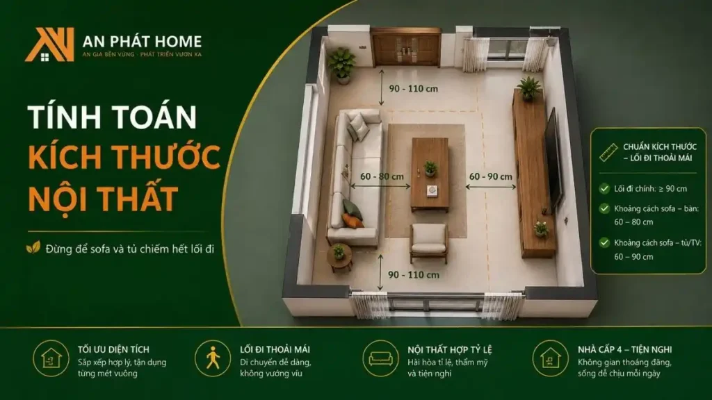 Lựa chọn sofa, bàn, tủ và khoảng cách lối đi phù hợp giúp tận dụng diện tích hiệu quả mà không làm không gian nhà trở nên chật chội