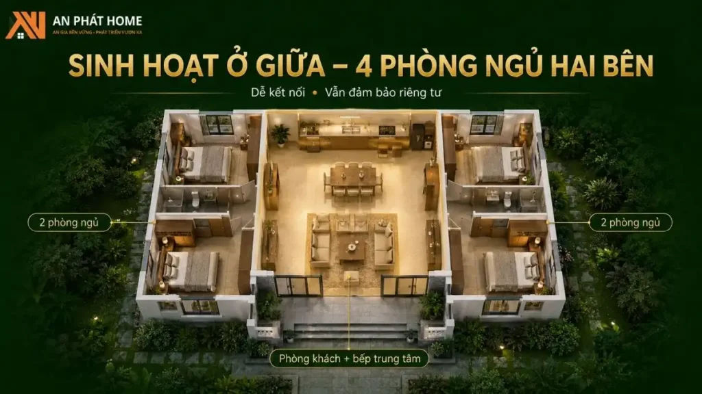 Mặt bằng 3 phòng ngủ phân chia rõ khu sinh hoạt chung và khu nghỉ ngơi, giúp tăng sự riêng tư cho gia đình