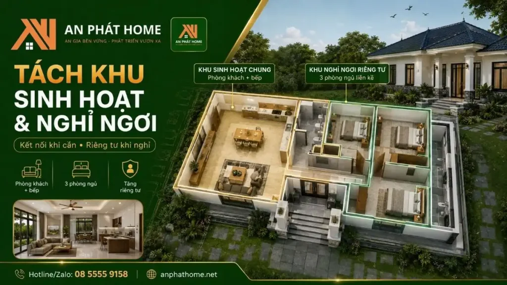 Mặt bằng 3 phòng ngủ phân chia rõ khu sinh hoạt chung và khu nghỉ ngơi, giúp tăng sự riêng tư cho gia đình