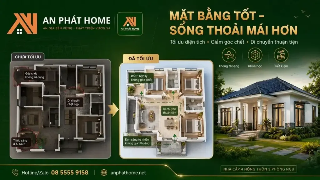 Mặt bằng nhà được bố trí hợp lý giúp hạn chế góc chết, tăng ánh sáng và tạo luồng di chuyển thuận tiện giữa các phòng