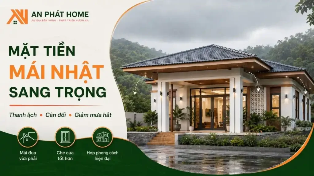 Mặt tiền nhà cấp 4 mái Nhật với phần mái đua vừa phải giúp che chắn cửa tốt hơn, đồng thời tạo dáng nhà thanh lịch và cân đối