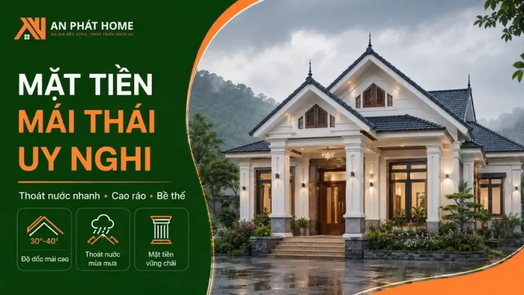 Mặt tiền nhà cấp 4 mái Thái có độ dốc cao, hỗ trợ thoát nước mưa nhanh và tạo cảm giác công trình cao ráo, bề thế hơn
