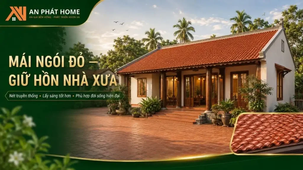 Mẫu nhà ba gian mái ngói đỏ kết hợp cửa gỗ kính giúp giữ nét nhà xưa nhưng tăng khả năng lấy sáng cho không gian sống