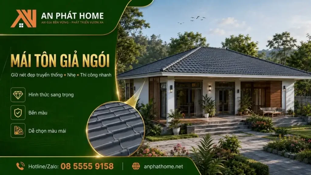 Mẫu nhà cấp 4 mái tôn giả ngói giữ nét đẹp mái dốc truyền thống nhưng có kết cấu nhẹ và thời gian thi công nhanh