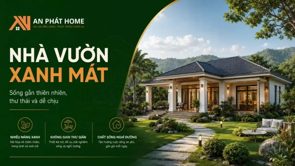 Mẫu nhà cấp 4 nông thôn kết hợp sân vườn và nhiều mảng xanh, tạo không gian sống thoáng đãng, gần gũi thiên nhiên