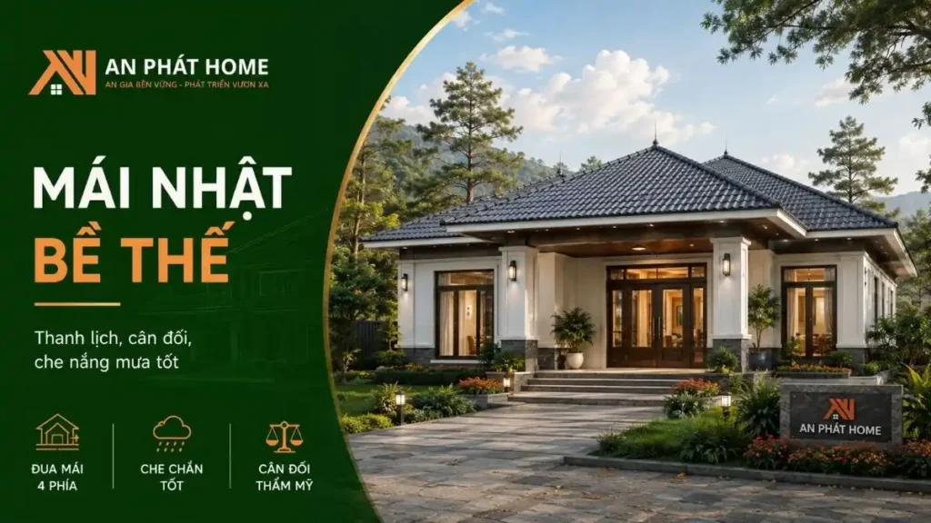 Mẫu nhà cấp 4 nông thôn mái Nhật với hình khối cân đối, mái đua bốn phía giúp che chắn mặt tiền tốt hơn trước nắng mưa