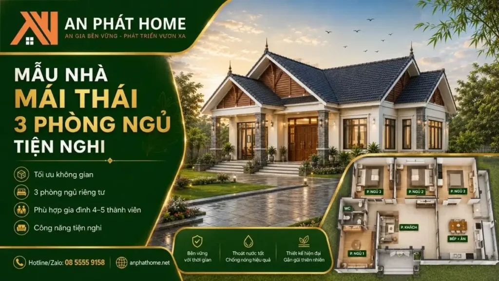 Mẫu nhà mái Thái 3 phòng ngủ bố trí công năng tiện nghi, phù hợp gia đình khoảng 4–5 thành viên