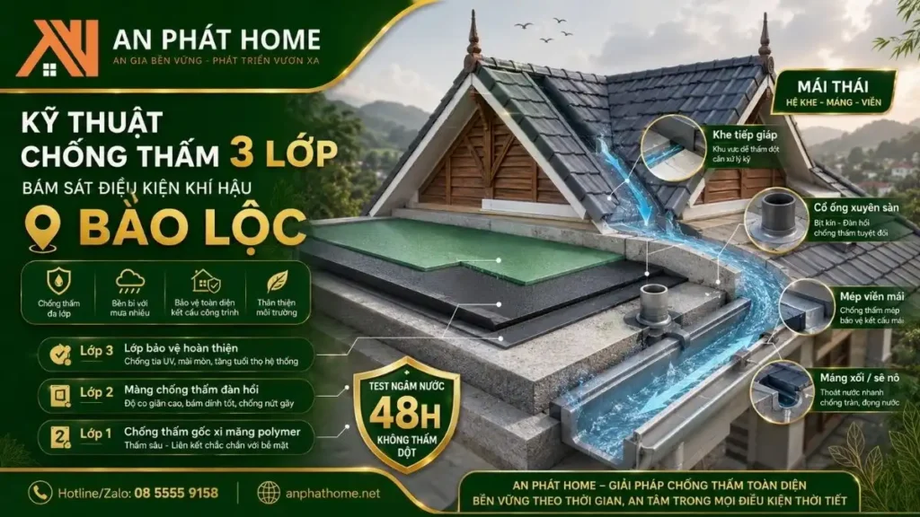 Minh họa kỹ thuật chống thấm 3 lớp tại các vị trí xung yếu của mái, sê nô và cổ ống, phù hợp điều kiện mưa ẩm tại Bảo Lộc