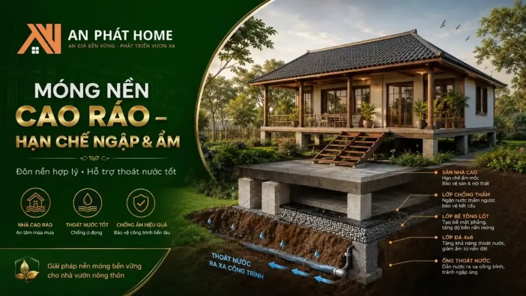 Nâng cao nền nhà kết hợp hệ thống thoát nước và xử lý chống thấm giúp hạn chế nước mưa, hơi ẩm ảnh hưởng đến công trình