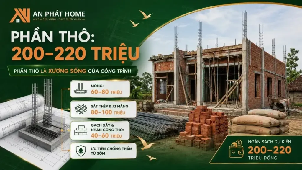 Ngân sách phần thô khoảng 200–220 triệu nên ưu tiên cho móng, cột, sắt thép, tường xây và các hạng mục kết cấu quan trọng