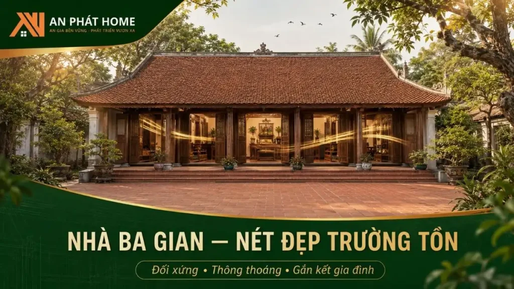 Nhà ba gian truyền thống nổi bật với bố cục đối xứng, không gian thông thoáng và khả năng gắn kết các thành viên trong gia đình