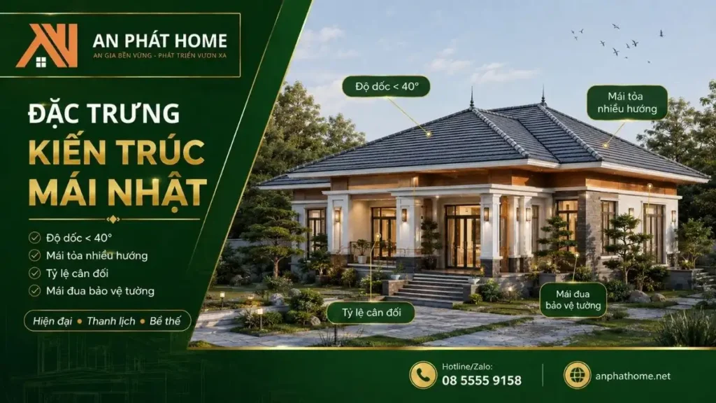 Nhà mái Nhật nổi bật với độ dốc thoải, mái tỏa nhiều hướng và tỷ lệ kiến trúc cân đối, thanh lịch