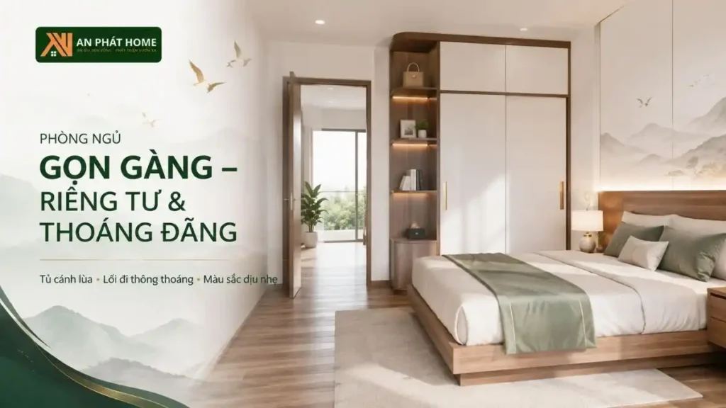 Phòng ngủ nhà cấp 4 sử dụng tủ cánh lùa, màu sắc dịu nhẹ và lối đi thông thoáng giúp tăng sự riêng tư và cảm giác thư giãn