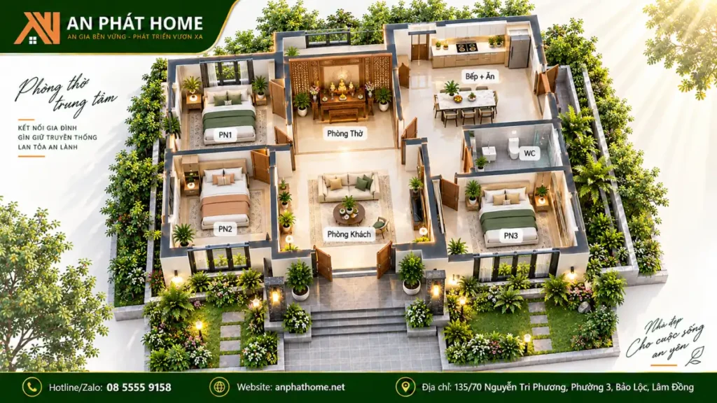Phòng thờ giữa nhà – đối diện cửa chính