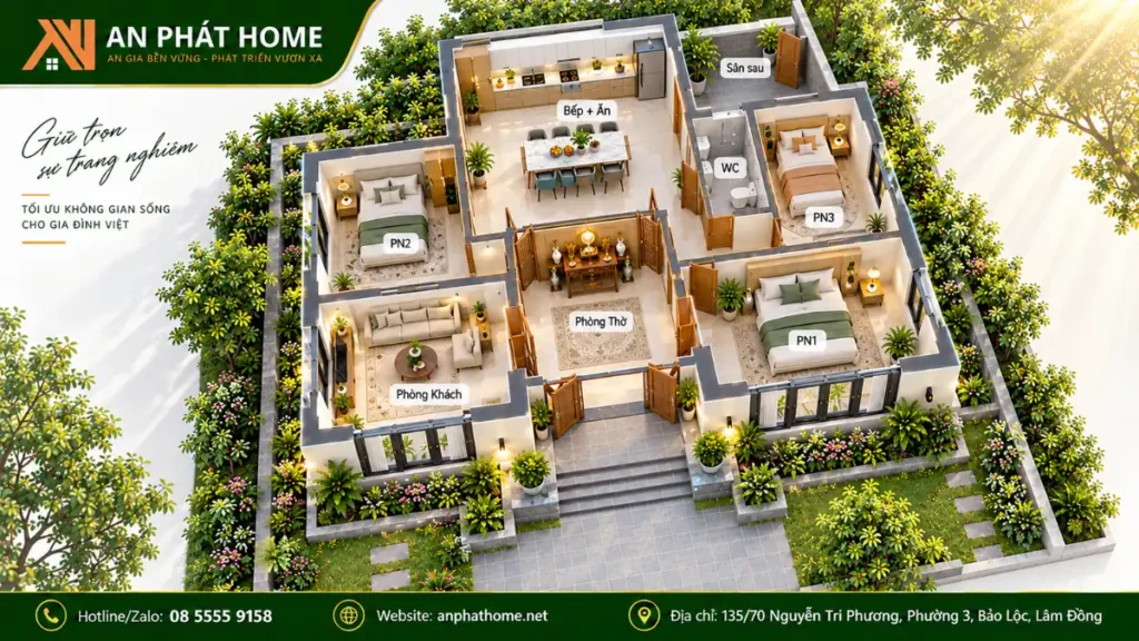 Phòng thờ trung tâm + bếp tách phía sau