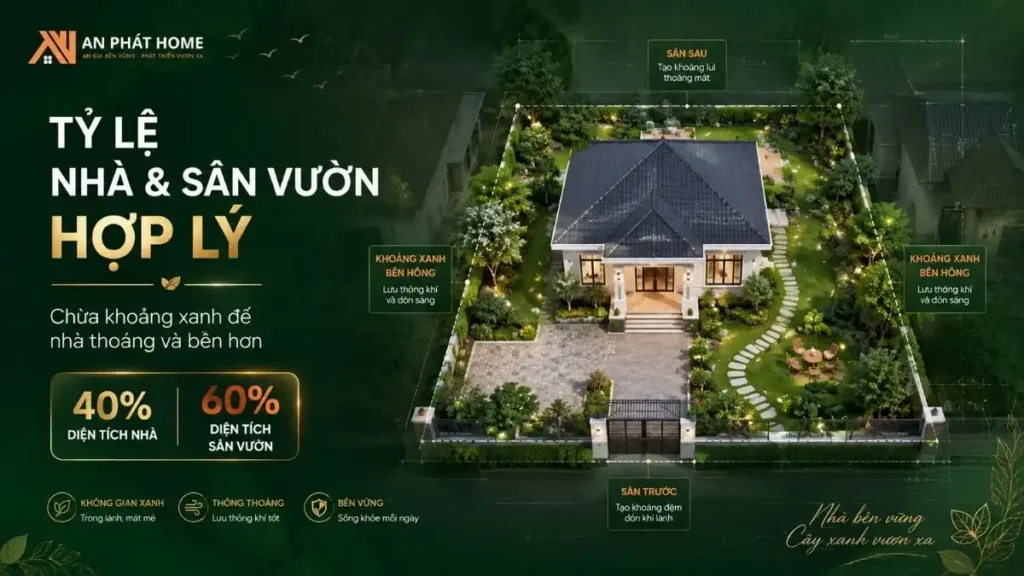 Quy hoạch hợp lý giữa diện tích xây dựng và khoảng xanh giúp nhà thông thoáng, đón sáng tốt và hạn chế cảm giác xây dựng quá kín đất