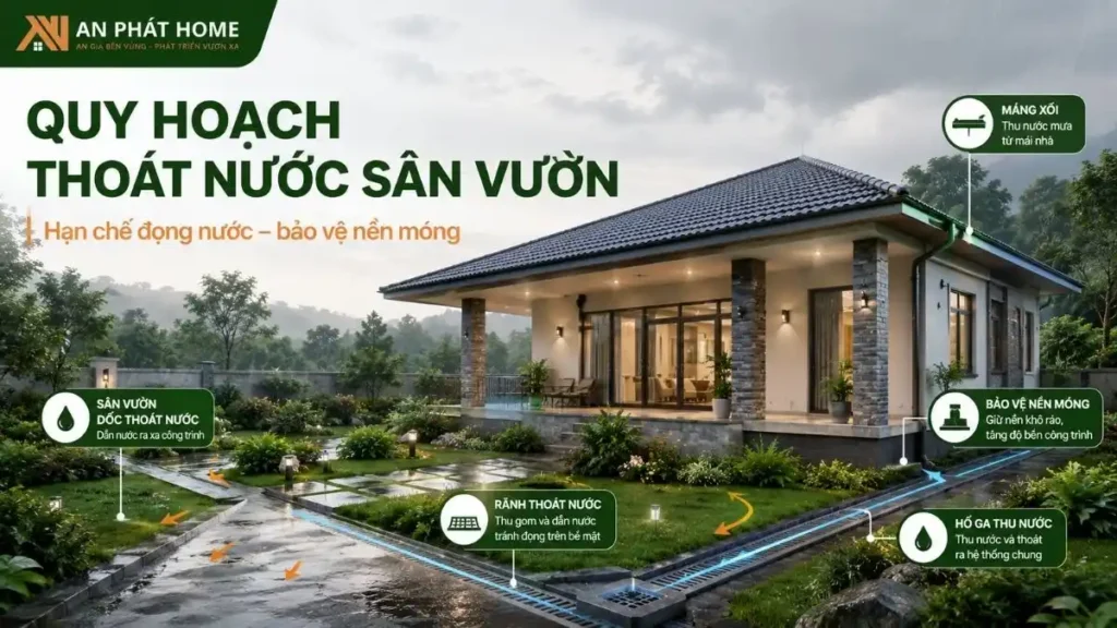 Quy hoạch thoát nước sân vườn đúng kỹ thuật giúp nhà vườn cấp 4 hạn chế đọng nước, bảo vệ nền móng và giảm nguy cơ ẩm mốc trong mùa mưa