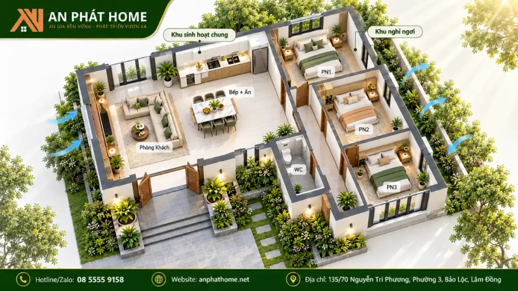 Sinh hoạt bên trái – ngủ bên phải