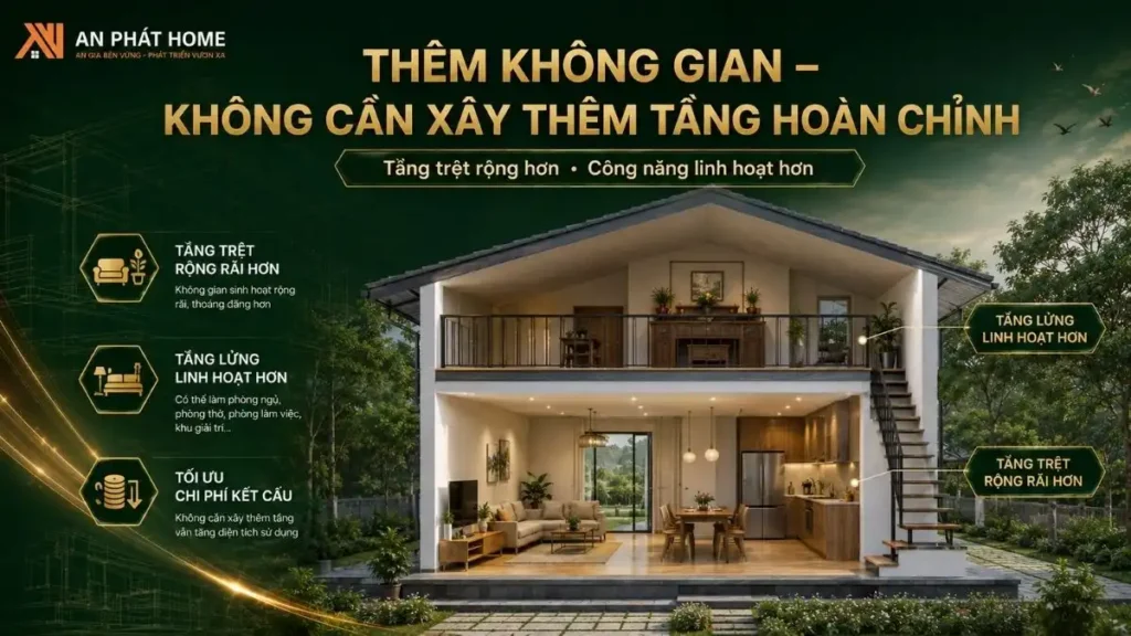 Thiết kế gác lửng tận dụng chiều cao công trình, giúp mở rộng không gian sử dụng mà không cần xây thêm một tầng hoàn chỉnh