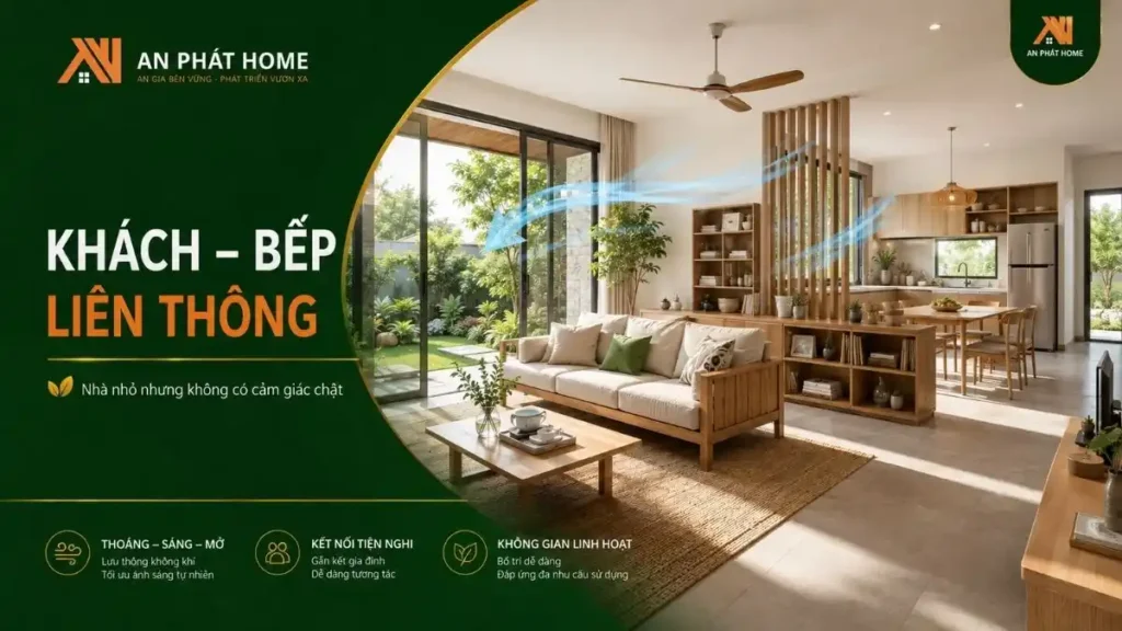 Thiết kế phòng khách liên thông bếp giúp nhà cấp 4 có diện tích vừa phải trở nên thoáng hơn, đồng thời tăng sự kết nối trong sinh hoạt gia đình