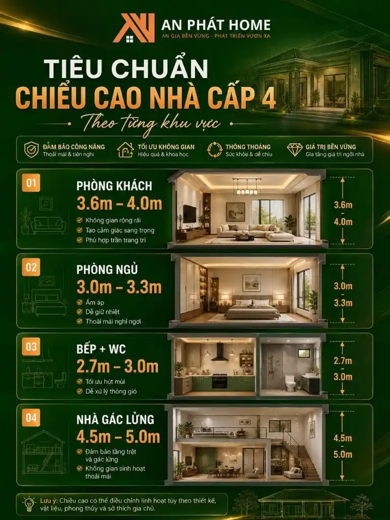 Tiêu chuẩn chiều cao nhà cấp 4 theo từng khu vực phòng