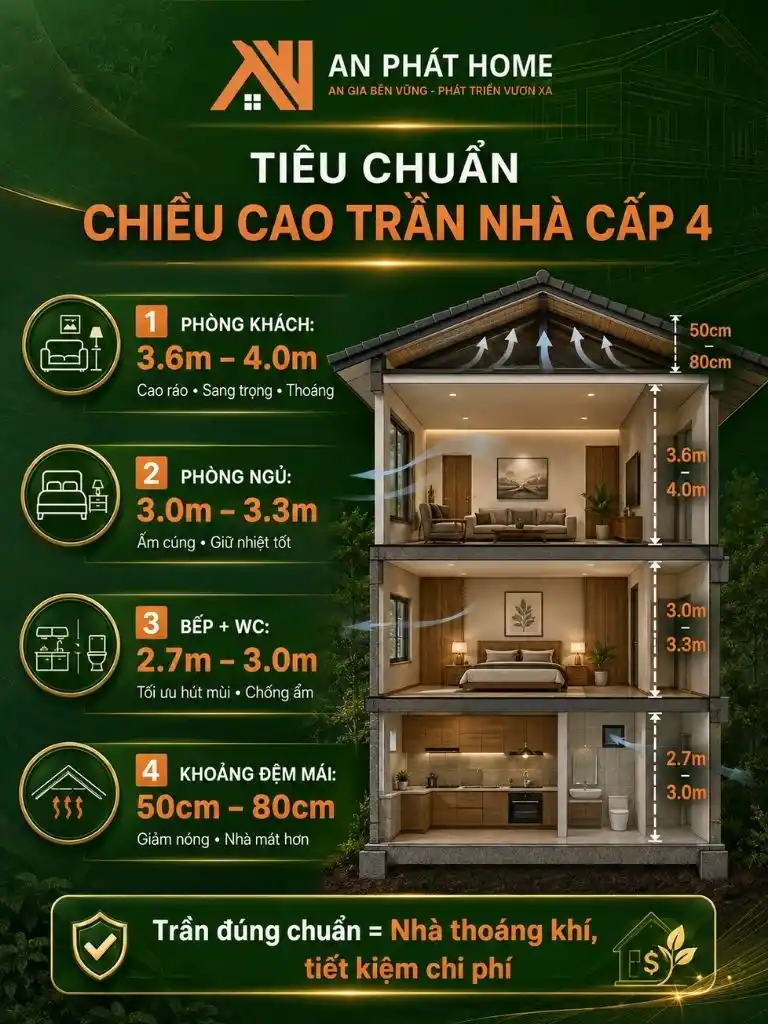 Tiêu chuẩn chiều cao trần nhà cấp 4 theo từng không gian