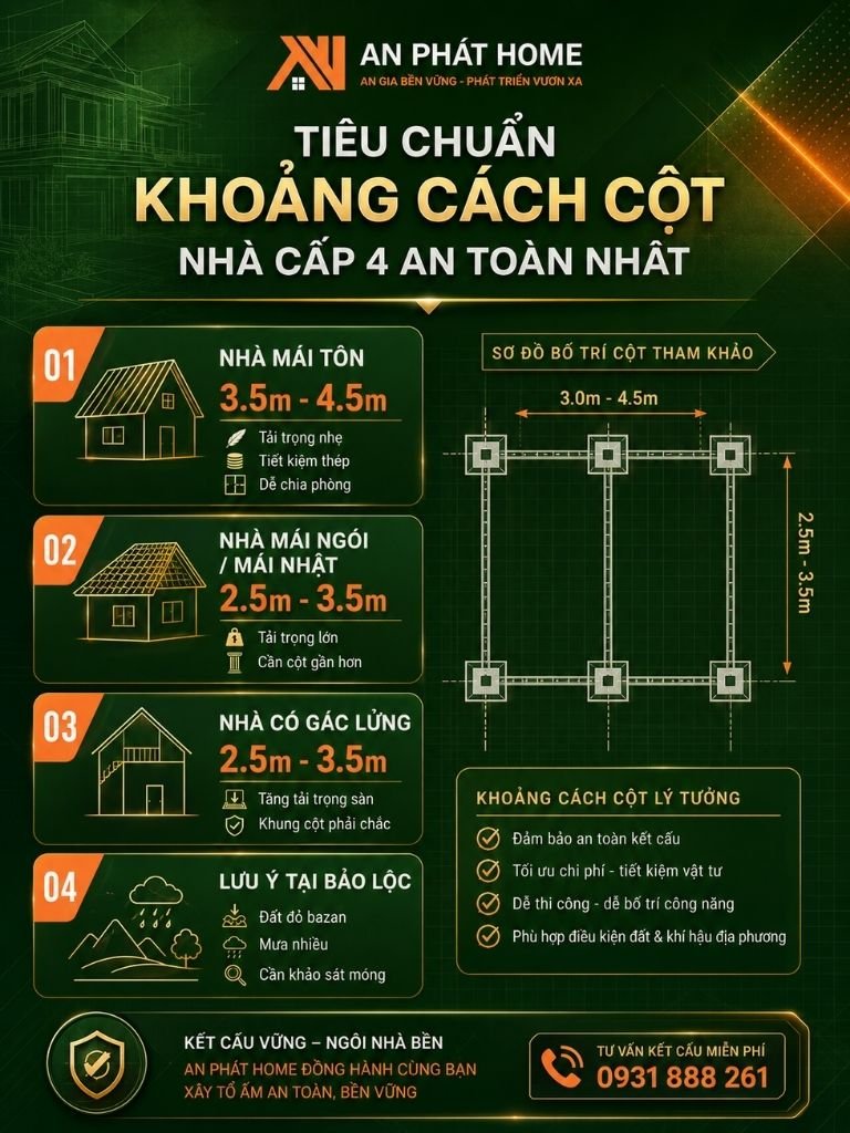 Tiêu chuẩn khoảng cách cột nhà cấp 4 an toàn nhất