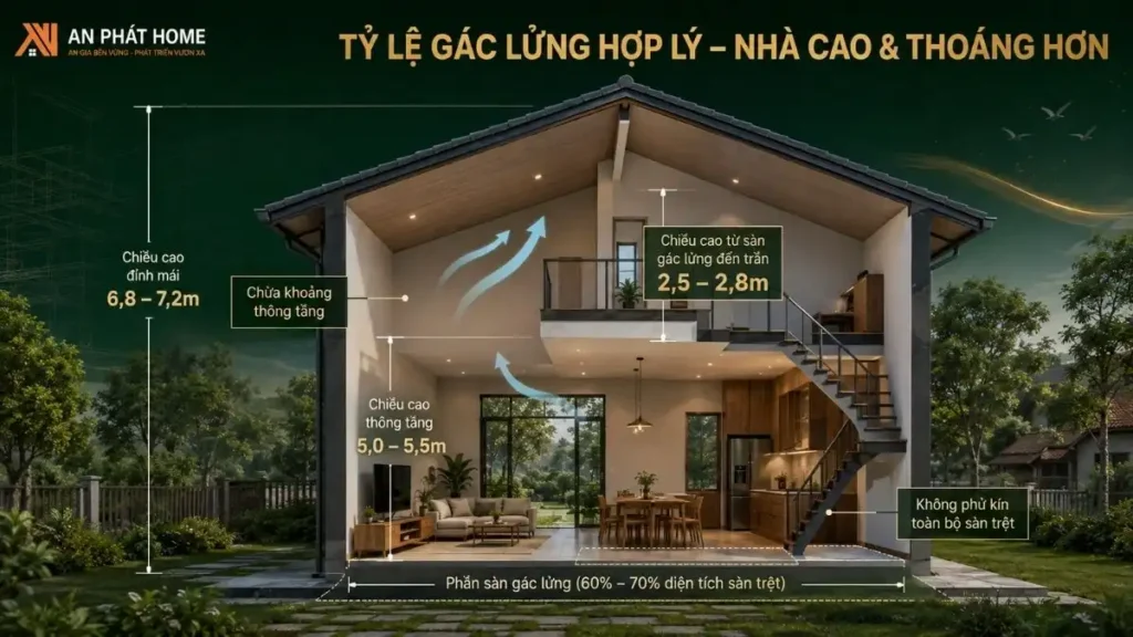 Tính toán chiều cao gác lửng và chừa khoảng thông tầng hợp lý giúp không gian phía trên thoáng hơn và hạn chế cảm giác chật chội