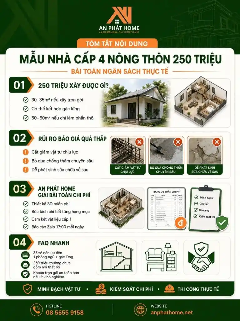 Tóm tắt bài toán xây mẫu nhà cấp 4 nông thôn 250 triệu_ diện tích phù hợp, rủi ro báo giá thấp và cách kiểm soát chi phí khi thi công