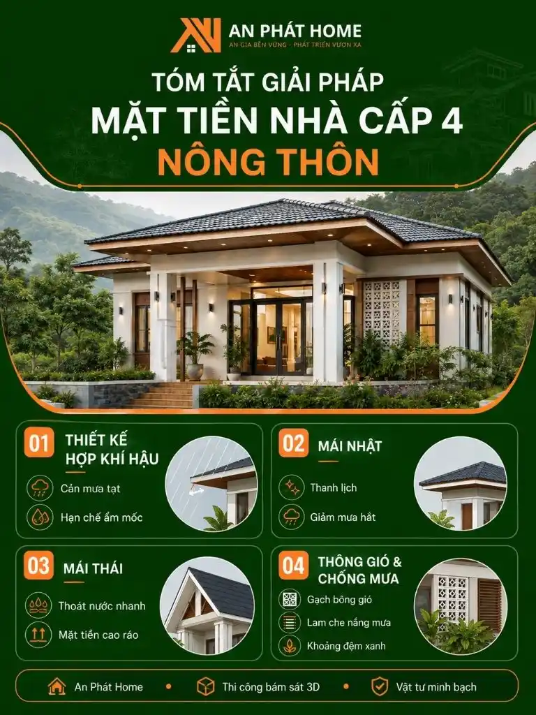 Tóm tắt các giải pháp thiết kế mặt tiền nhà cấp 4 nông thôn phù hợp khí hậu Bảo Lộc, từ lựa chọn hệ mái đến thông gió và hạn chế mưa tạt