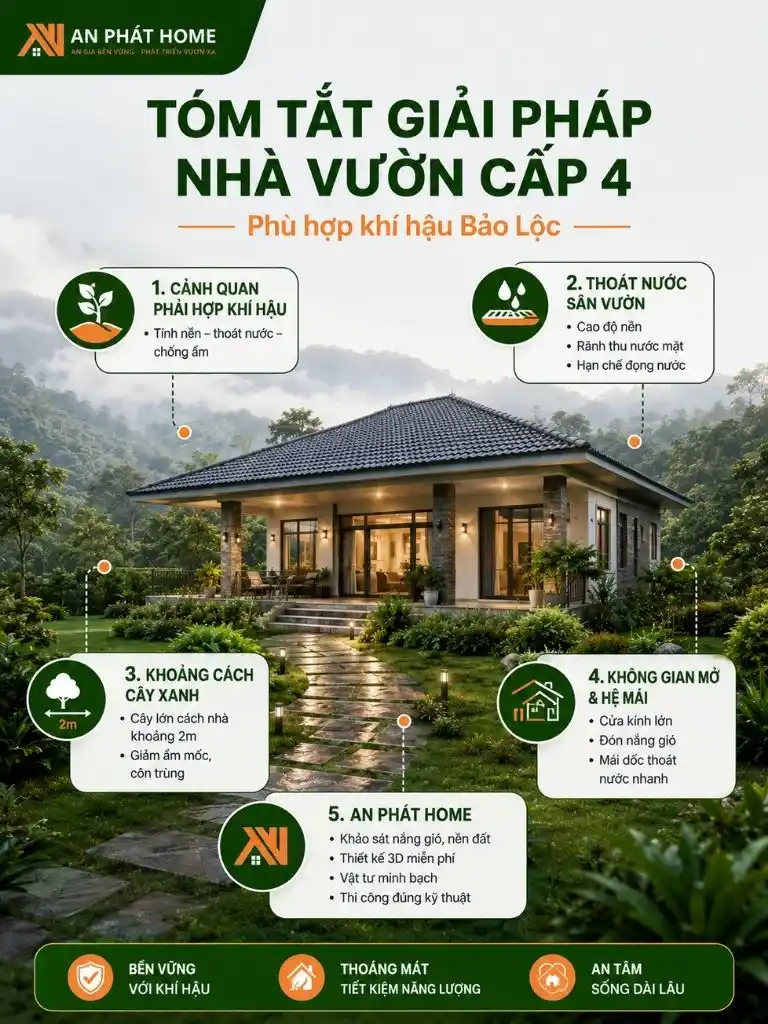Tóm tắt các giải pháp thiết kế mẫu nhà vườn cấp 4 ở nông thôn, từ quy hoạch sân vườn, thoát nước đến lựa chọn hệ mái và không gian sống phù hợp khí hậu Bảo Lộc