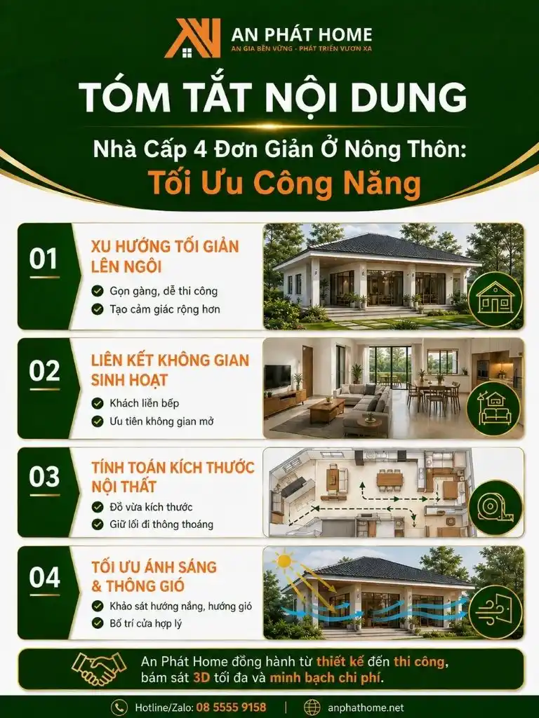 Tóm tắt các nguyên tắc thiết kế nhà cấp 4 đơn giản ở nông thôn giúp tối ưu công năng, liên kết không gian, ánh sáng và thông gió tự nhiên