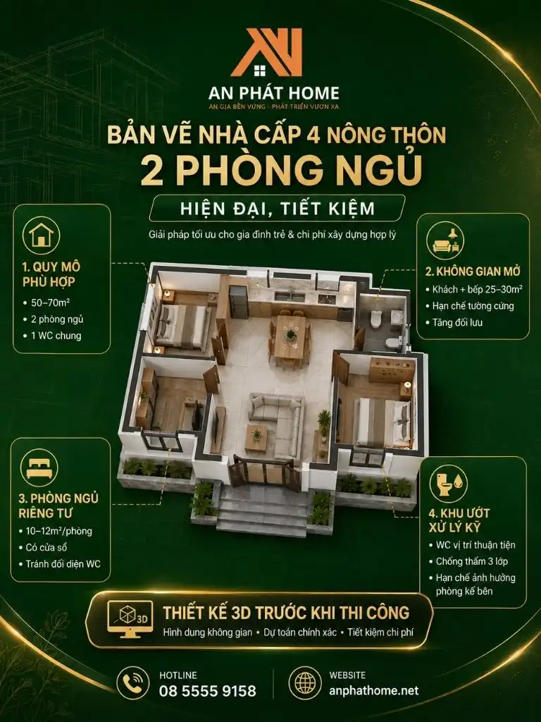Tóm tắt cách bố trí nhà cấp 4 2 phòng ngủ