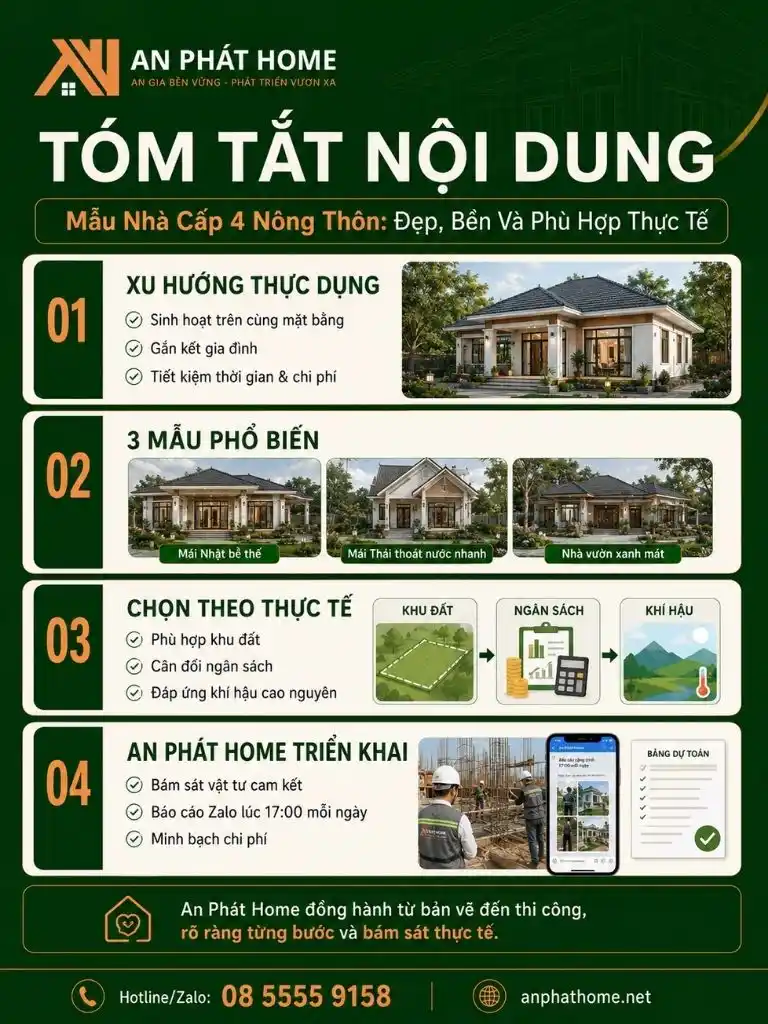 Tóm tắt cách lựa chọn mẫu nhà cấp 4 nông thôn theo kiểu mái, khu đất, ngân sách và điều kiện khí hậu thực tế