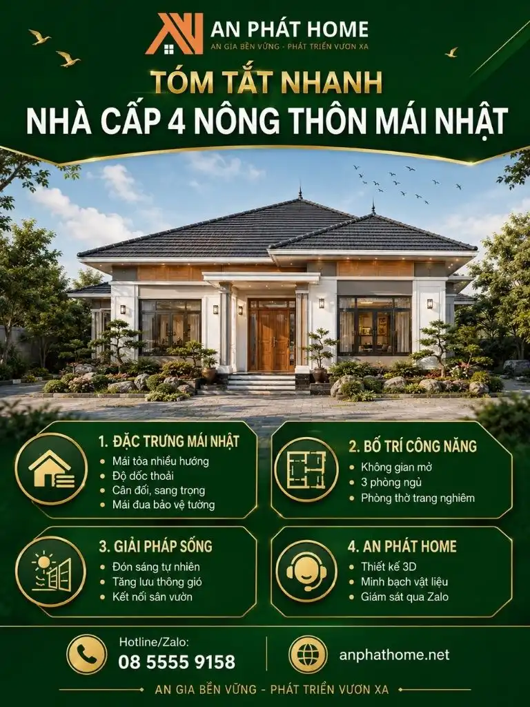 Tóm tắt đặc trưng kiến trúc, công năng và giải pháp thiết kế nhà cấp 4 nông thôn mái Nhật