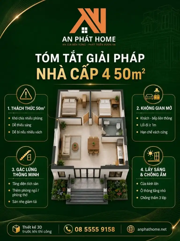 Tóm tắt giải pháp bố trí nhà cấp 4 50m²