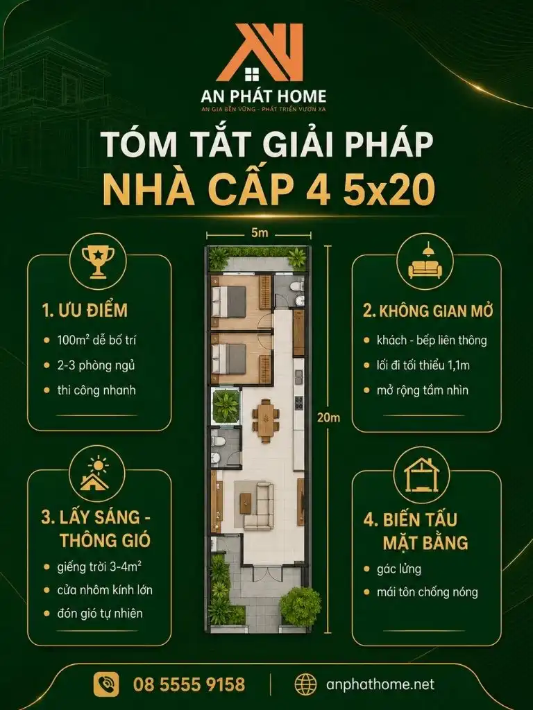 Tóm tắt giải pháp thiết kế nhà cấp 4 5x20