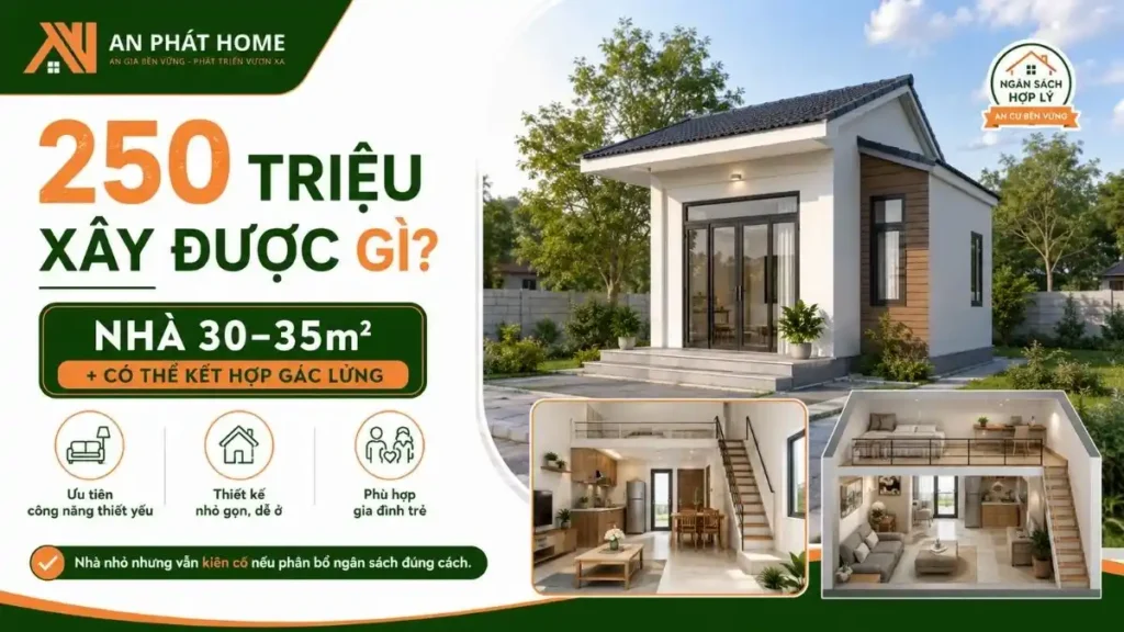 Với ngân sách 250 triệu, nhà cấp 4 khoảng 30–35m² có thể bố trí công năng gọn và kết hợp gác lửng để tăng diện tích sử dụng