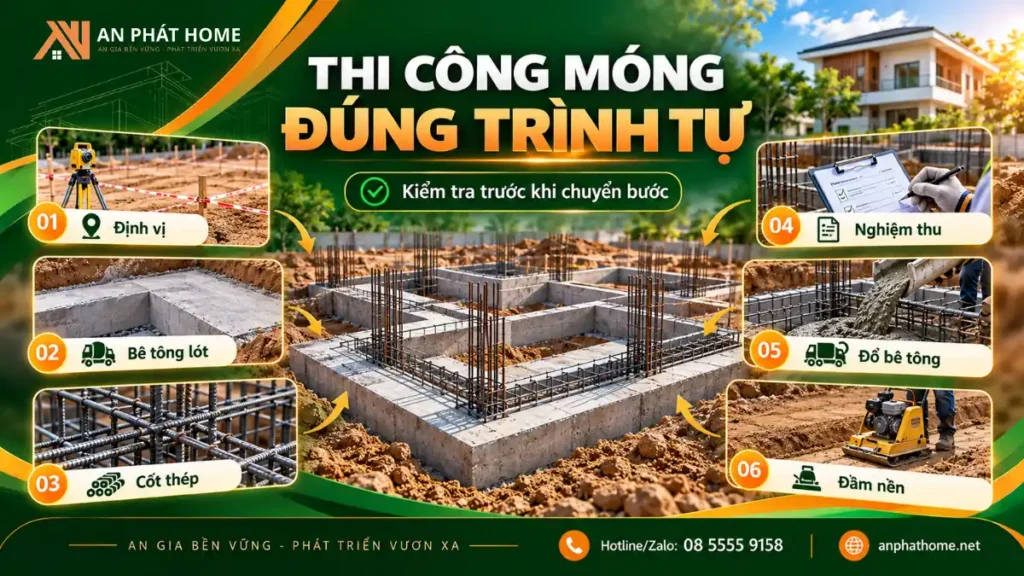 6 bước thi công móng đơn bê tông cốt thép đúng kỹ thuật từ định vị đến san lấp nền