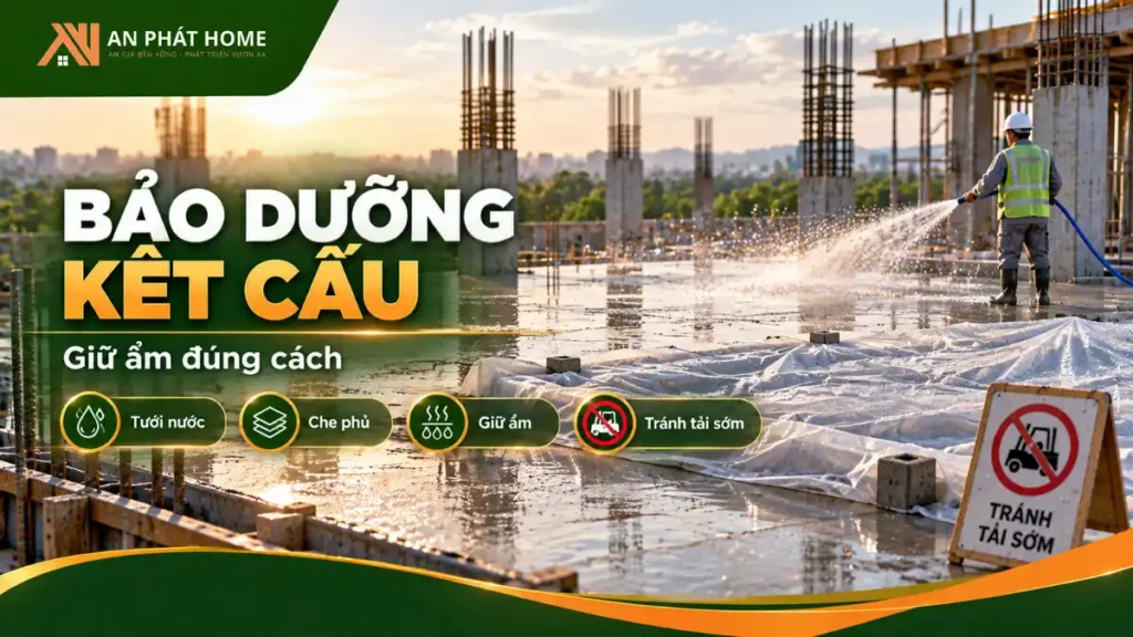 Bảo dưỡng bê tông sau khi đổ bằng giữ ẩm đúng kỹ thuật giúp hạn chế nứt và phát triển cường độ kết cấu