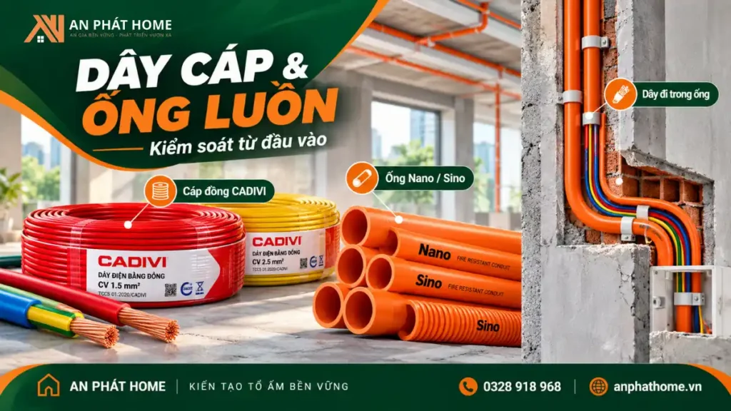 Cáp đồng CADIVI và ống luồn dây điện Nano Sino sử dụng cho hệ thống điện âm tường