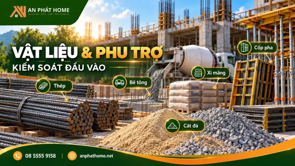 Cát đá, cốp pha và cây chống sử dụng trong thi công kết cấu bê tông cốt thép nhà ở