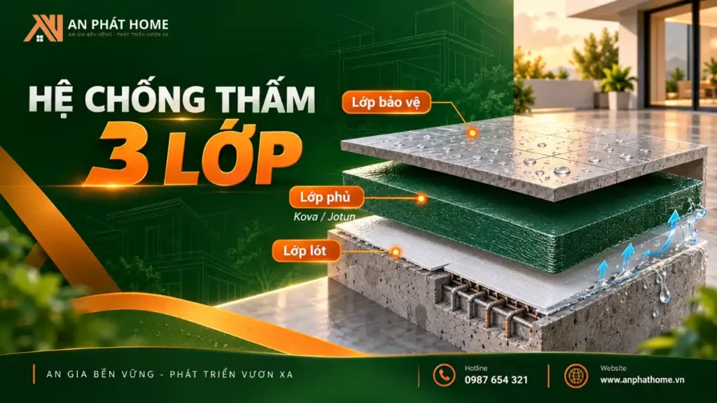 Cấu tạo chống thấm 3 lớp gồm lớp lót, lớp phủ chống thấm và lớp vữa bảo vệ