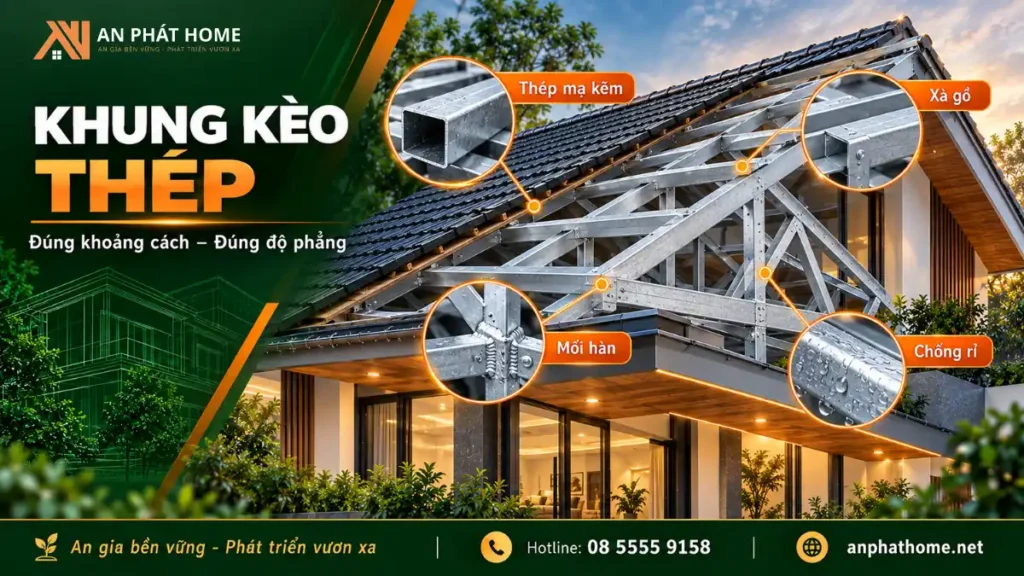Cấu tạo khung kèo thép hộp mạ kẽm với xà gồ đúng khoảng cách và xử lý chống rỉ mối hàn