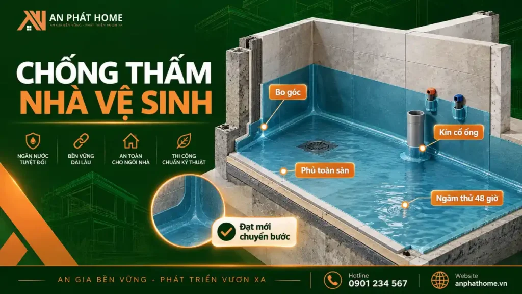 Chống thấm nhà vệ sinh với bo góc, xử lý cổ ống và ngâm thử nước 48 giờ trước khi hoàn thiện
