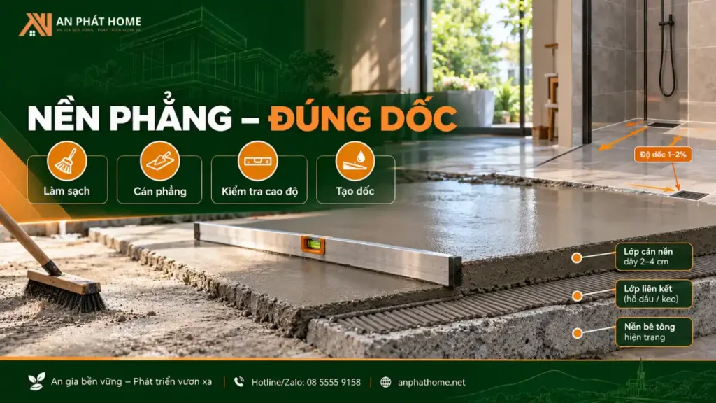 Chuẩn bị bề mặt và cán nền đúng độ phẳng, độ dốc trước khi thi công gạch ốp lát