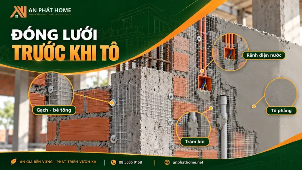 Đóng lưới gia cường tại vị trí tiếp giáp bê tông và tường gạch trước khi tô trát