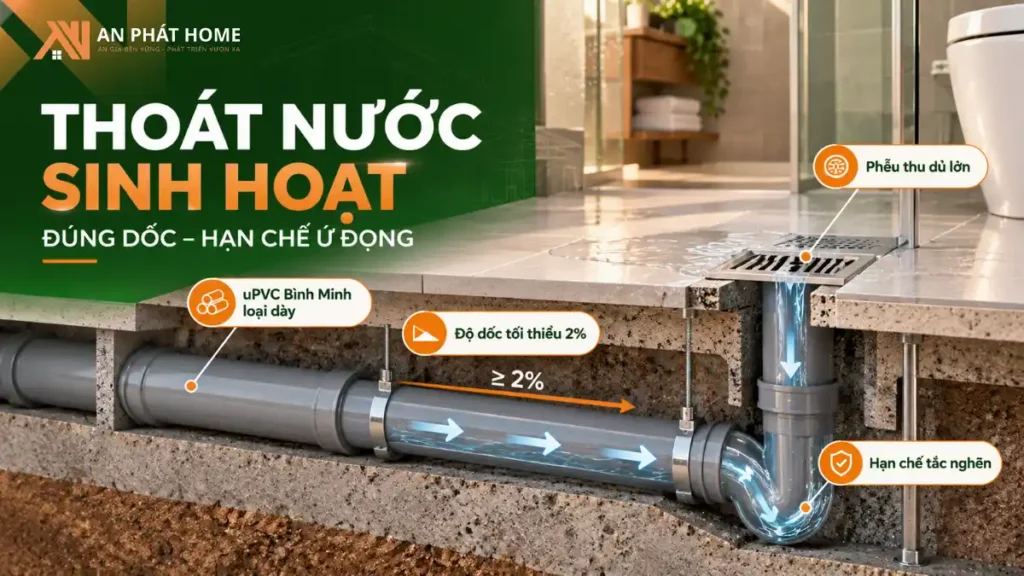 Hệ thống thoát nước sinh hoạt bằng ống uPVC với độ dốc đường ống tối thiểu 2 phần trăm