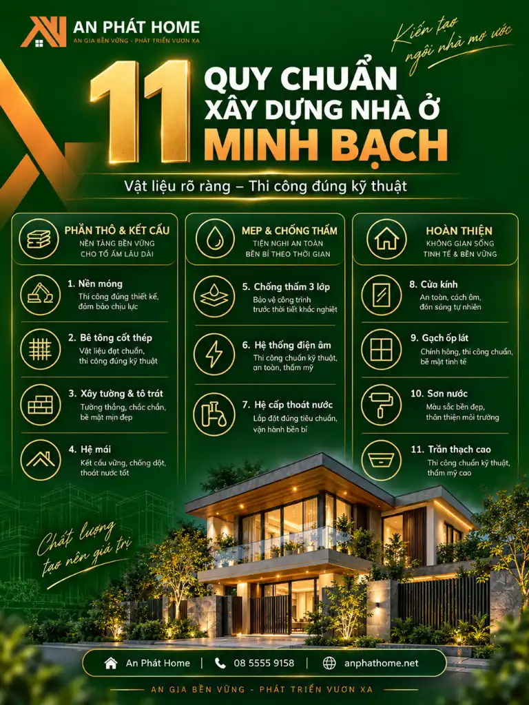 Infographic 11 quy chuẩn xây dựng nhà ở minh bạch từ phần thô, chống thấm đến hoàn thiện tại An Phát Home