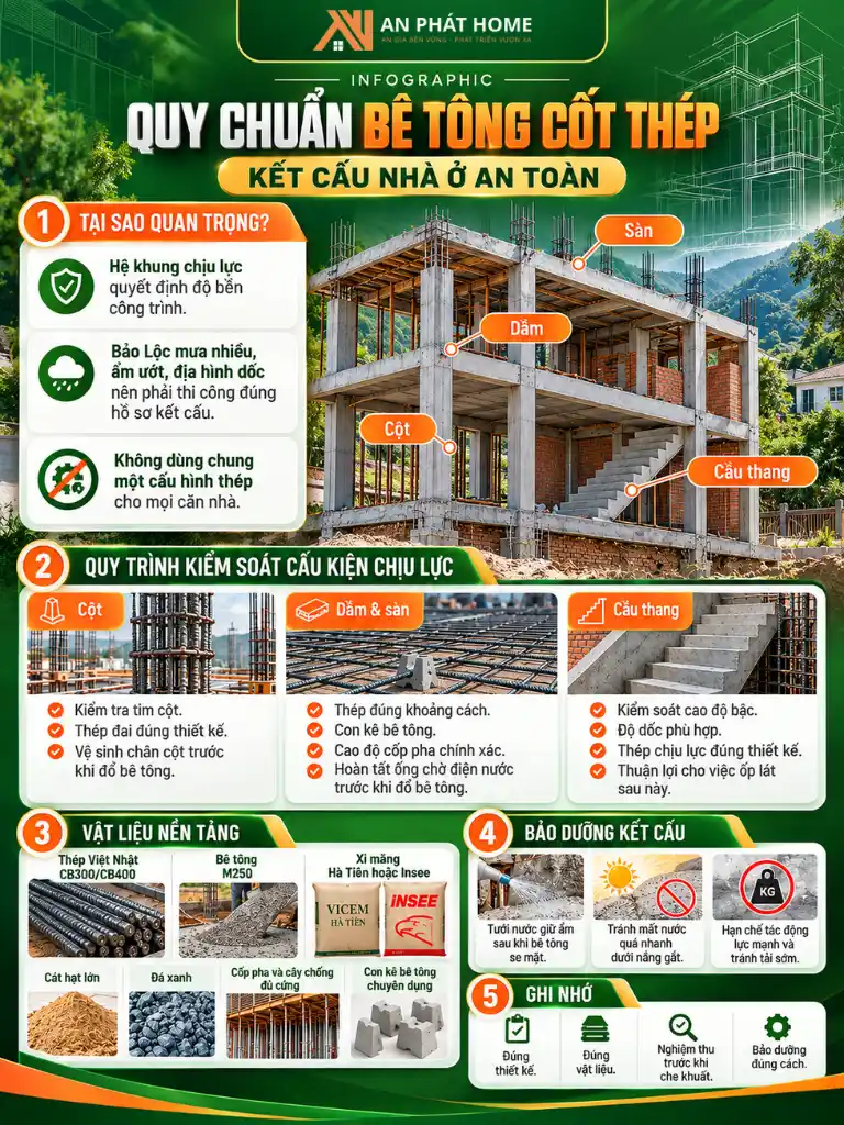 Infographic quy chuẩn bê tông cốt thép nhà ở từ thi công cấu kiện đến kiểm soát vật liệu và bảo dưỡng